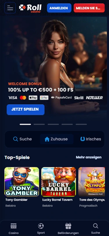 Roll Casino homepage welcome banner games